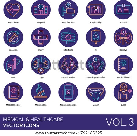 Medical and healthcare icons including heart rate, hospital bed, sign, ID card, injection, injury, intestine, IV, kidney, liver, lung, lymph node, male reproductive, book, folder, microscope slide.