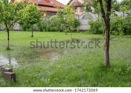 The garden is flooded. Consequences of downpour, flood. Rainy summer in Ukraine, 2020. Royalty-Free Stock Photo #1762172069