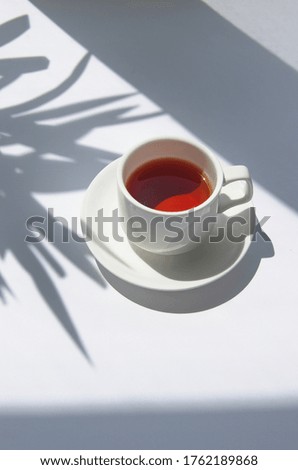 White cup of white tea in the morning with palm tree shadow and blurry background.