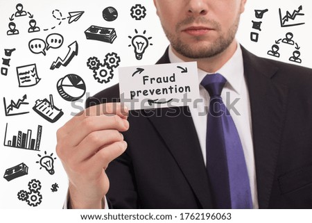 Business, technology, internet and network concept. Young businessman thinks over the steps for successful growth: Fraud prevention