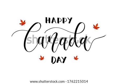 Vector isolated handwritten lettering logo for Canada Day with realistic red maple leaf. Concept of Happy Canada Day.