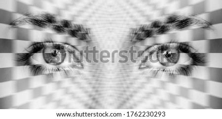 Surreal portrait of a young girl covering geometric background with checkered texture - Abstract illusion