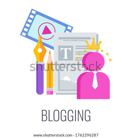 Blogging icon. Content marketing. Advertising campaign planning. Figurine of man in crown with sheet of paper, pencil and pen. Flat vector illustration.