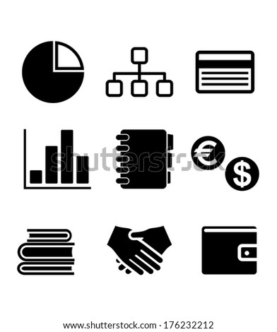 Set of black and white business icons logo including a pie and bar graph, currency symbols, handshake, flow charts and books