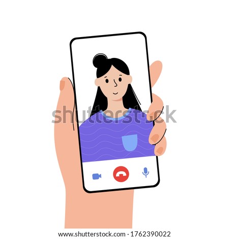 Male or female white hand with smartphone. Happy girl on main screen. Videocall or meeting concept. Adult or young woman character. Flat vector illustration. Royalty-Free Stock Photo #1762390022