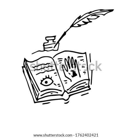 Magic book with an inkwell and a pen for writing spells. The star shines from the magic wand to the old spell book. On the pages is drawn the eye and hand of a palmist. Doodle style. Hand-drawn illu