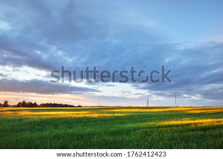Epic sunset sky above the green agricultural field. Transformer poles in the background. Germany. Dramatic colorful clouds after the rain. Alternative energy, production, environmental conservation