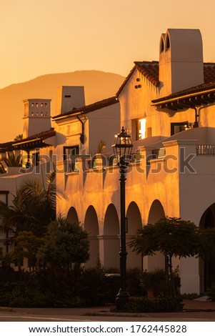 View of buildings on the beach city of Santa Barbara, CA at the sunset time