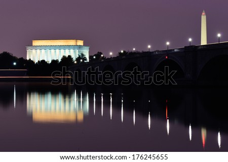 Lincoln Memorial and Washington Monument at night. A night view from riverside of the Potomac River - Washington DC, United States 