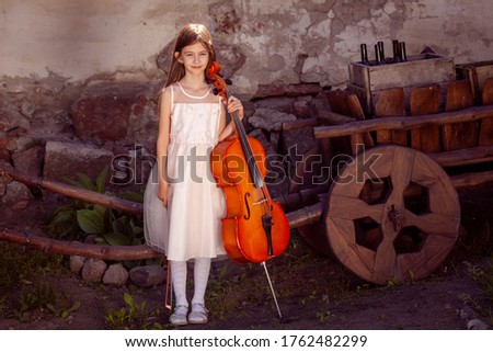 beautiful girl in a pink dress with a cello in the village