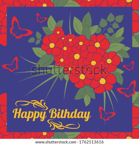 Greeting card design template. Bright Flower card with butterflies. Floral card for greetings, printed products, holiday cards, Valentine's Day, wedding invitations. Vector illustration
