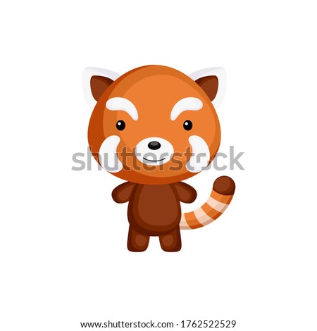 Cute funny baby red panda isolated on white background. Adorable animal character for design of album, scrapbook, card and invitation. Fun zoo. Flat cartoon colorful vector illustration.