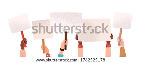 Hands of diverse woman hold empty banners with place for text vector flat illustration. Human arms at demonstration with placard isolated on white. Group of person with posters at protest meeting Royalty-Free Stock Photo #1762525178