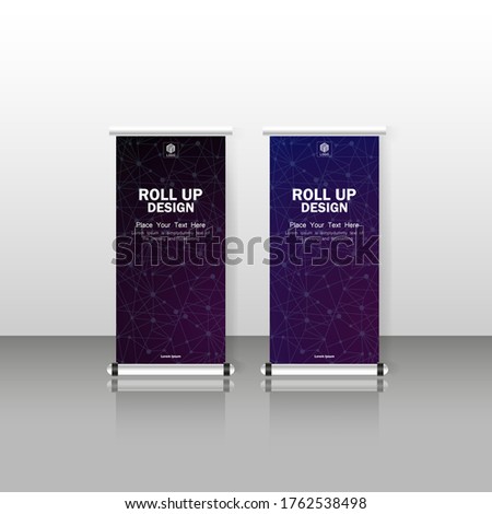 Roll up banner stand template. Abstract triangle line pattern background, modern x-banner, rectangle size. Flyer, display, vector illustration