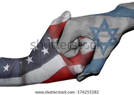Diplomatic handshake between countries: flags of United States and Israel overprinted the two hands Royalty-Free Stock Photo #176255582