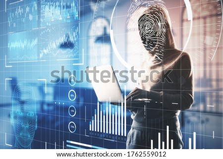 Hacker using laptop with abstract glowing finger print interface on blurry office background. Access and malware concept. Double exposure