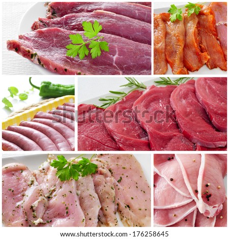 a collage with some pictures of different raw meat and sausages