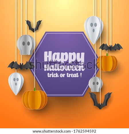 Happy Halloween banner greeting card background in paper cut style. Vector Illustration