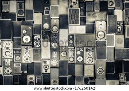 Music sound speakers hanging on the wall in monochrome vintage style Royalty-Free Stock Photo #176260142