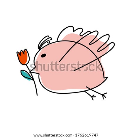 Vector flying cute cartoon fat bird with flower tulip in beak. Hand drawn line bird. Children design element for summer greeting card, book, poster or banner