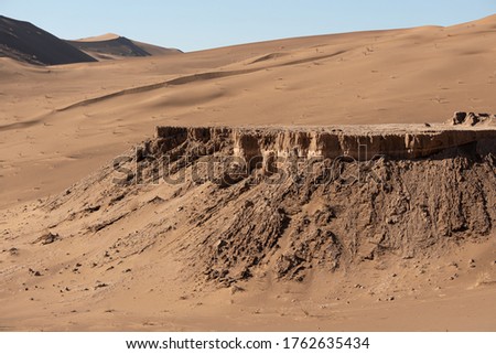 the formation of sand stones kalut in dasht e lut desert with plants and tamarisk trees around at the morning with clear sky  and great sand dune in background