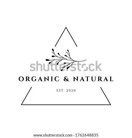 Natural and organic siple trendy logo. Minimal line nature symbol hipster style, vintage outline logotype, triangle natural sticker isolated on white background. Vector illustration