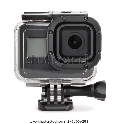 action camera in dive housing on mounting path isolated on white Royalty-Free Stock Photo #1762656281
