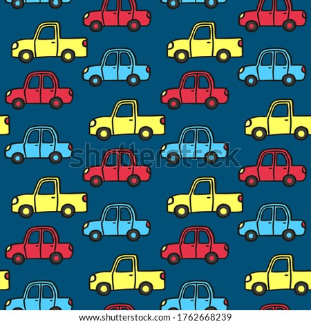 Bright multi-colored cartoon cars isolated on a blue background. Cute childish seamless pattern. Hand drawn vector flat graphic illustration. Texture.