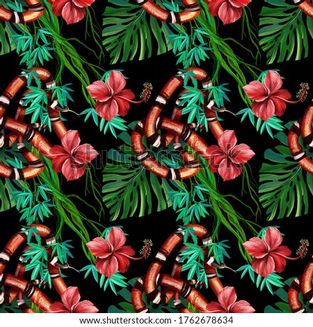 Exotic pattern seamless with king mexican snakes and pink hibiscus flowers, monstera palms on dark background. Hand drawn digital illustration