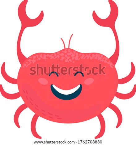 Funny sea crab in cartoon style, underwater world crustaceans, design, flat style vector illustration, isolated on white. Red joyful crab, baby image, for printing on fabric and children s clothing.