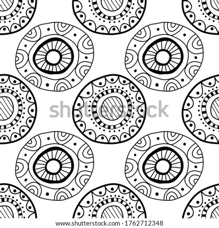 Black and white seamless pattern of decorative circles. Abstract, fantasy items for coloring book.