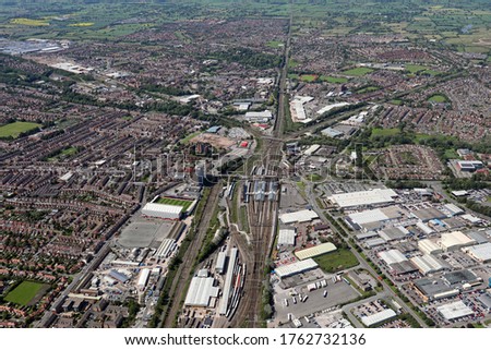 aerial view of Crewe town, Cheshire, UK Royalty-Free Stock Photo #1762732136