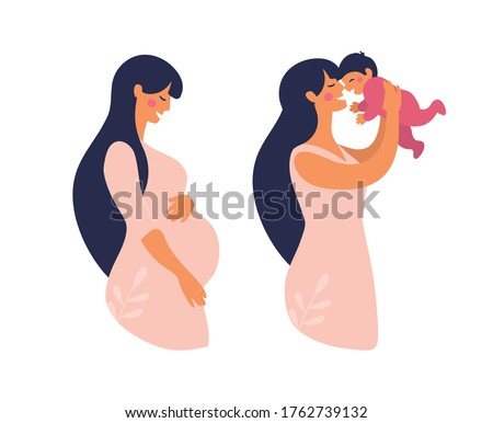 Set of illustrations about pregnancy and motherhood. Pregnant woman with tummy. Lady with a newborn baby. Flat stock vector illustration.