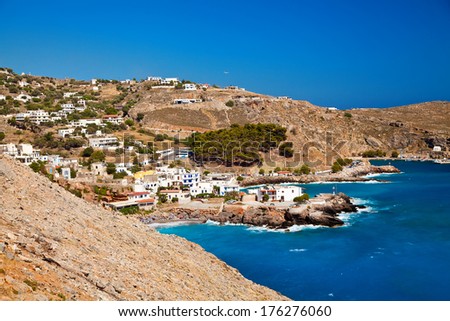 little white houses of Chora Sfakion and beautiful azure Lybian sea, Crete, Greece