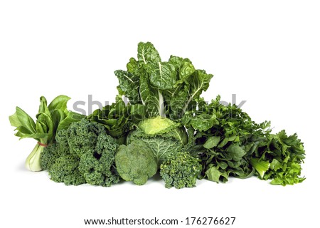 Variety of leafy green vegetables isolated on white background. Royalty-Free Stock Photo #176276627