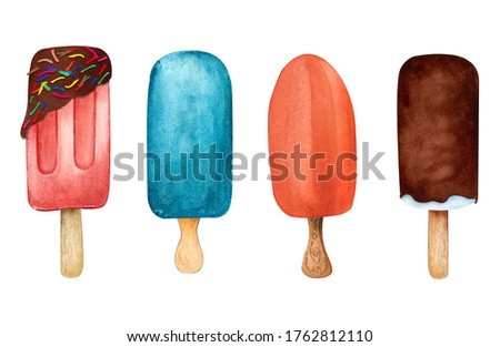 Watercolor set of fruit ice cream on stick isolated on white background. Sweet iced dessert. Summer food clip art perfect for menu design.