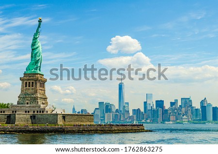 Liberty Island, New York, USA: The outdoor Statue of Liberty designed by Alexandre Gustave Eiffel with Manhattan in the background