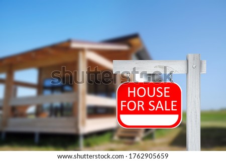 Red real estate sign with inscription HOUSE FOR SALE outdoors on sunny day, space for text 