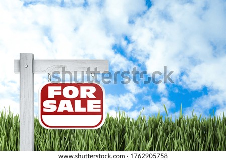 Red real estate sign with inscription FOR SALE outdoors on sunny day, space for text 