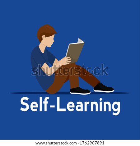 Young man reading a book. Self learning - Vector