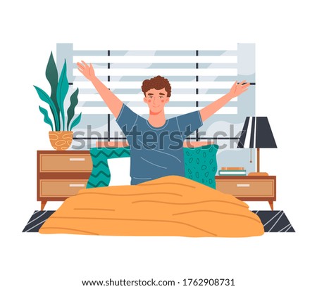 Healthy young man waking up in the morning smiling and stretching his arms as he sits up in bed, colored vector illustration Royalty-Free Stock Photo #1762908731