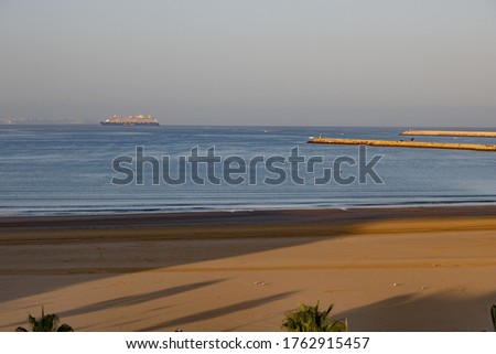 A picture of a sunny beach with golden sand and greenery