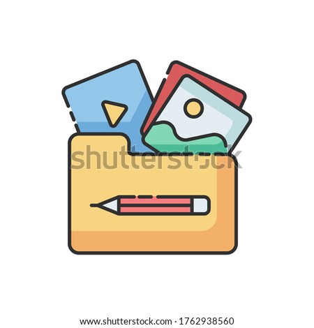 Portfolio RGB color icon. Images and photos in folder. Multimedia gallery. Project management. Visual document for presentation. Edit business project. Isolated vector illustration