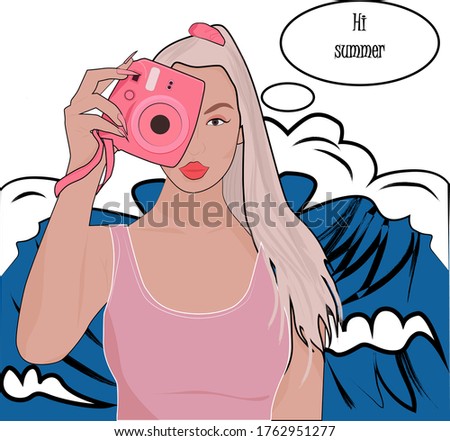 beautiful blonde girl taking photo by the sea vector illustration portrait