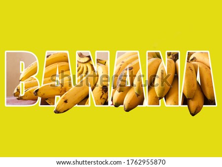 The word BANANA written with a 3d effect using several photos of bananas inside the text on bright yellow background