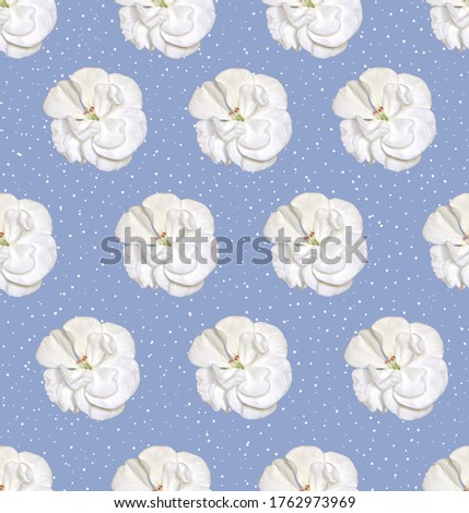 Seamless pattern with white geranium flowers on a blue background. Design for packaging, fabric, Wallpaper, napkins, textiles and backgrounds.