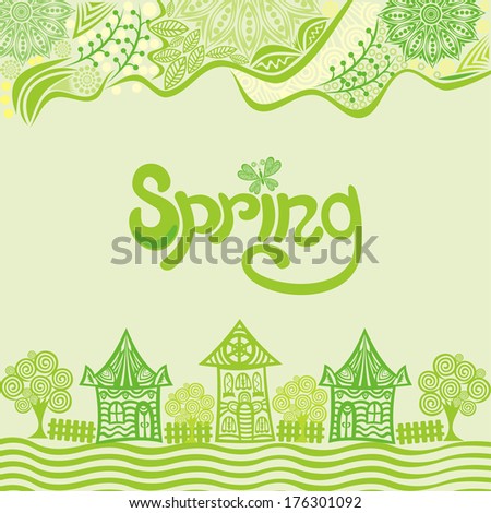 Spring nature pattern background green landscape houses trees illustration