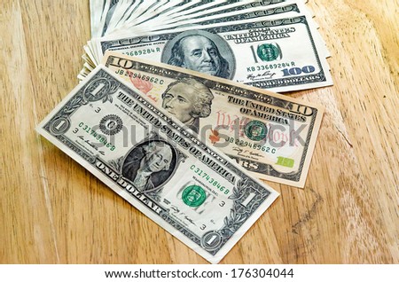 Closeup Stack of one and ten and one hundred dollar bills