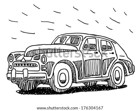 Retro car drawing on white background