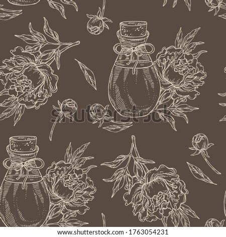 Seamless pattern with peony flower and bottle of peony essential oil. Cosmetic, perfumery and medical plant. Vector hand drawn illustration.